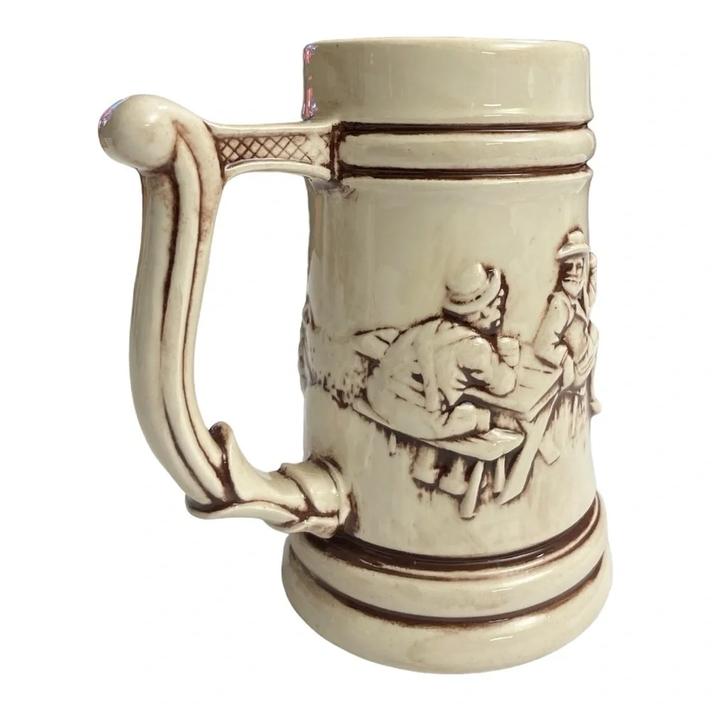 Vintage Ceramic Beer Mug Stein Brown Pine Tree And Cabin, No Chips Or Cracks